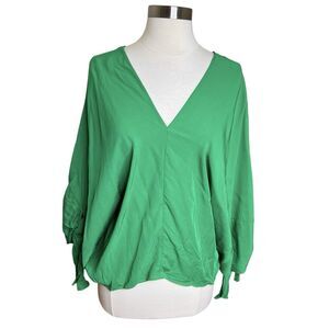 Zara NWT Green Fluid Dolman Blouse Small Tied Sleeve Oversized Coastal